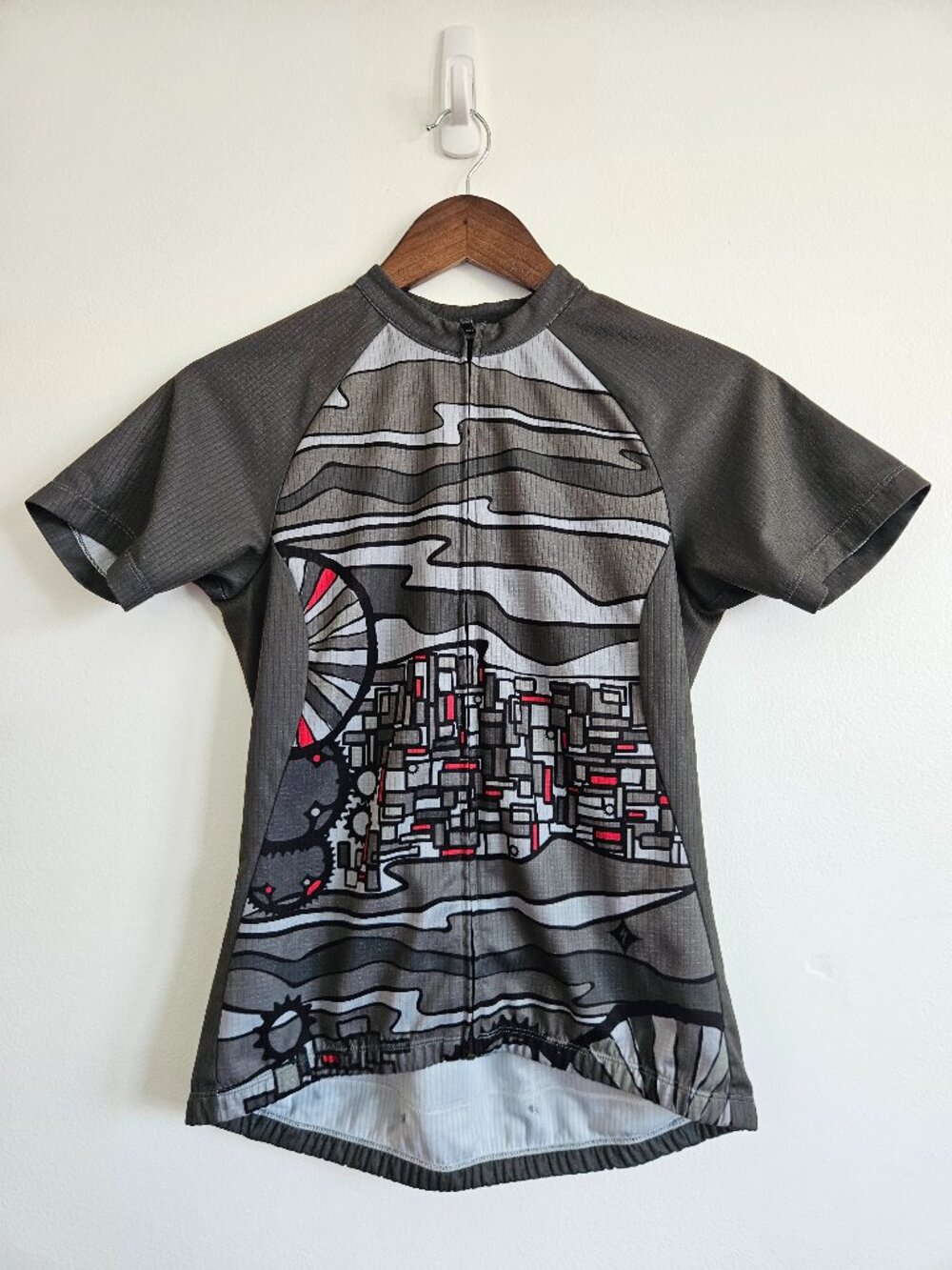 Specialized Women's Bike Cycling Shirt M Medium Gray Red Back Elastic Pocket Zip